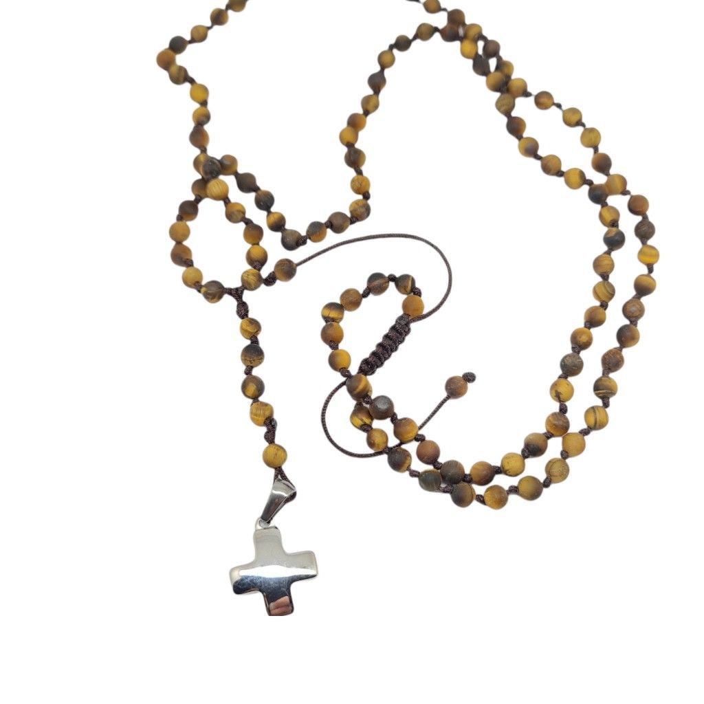 Rosary necklace with tigers eye stone and steel cross (code KT2275)